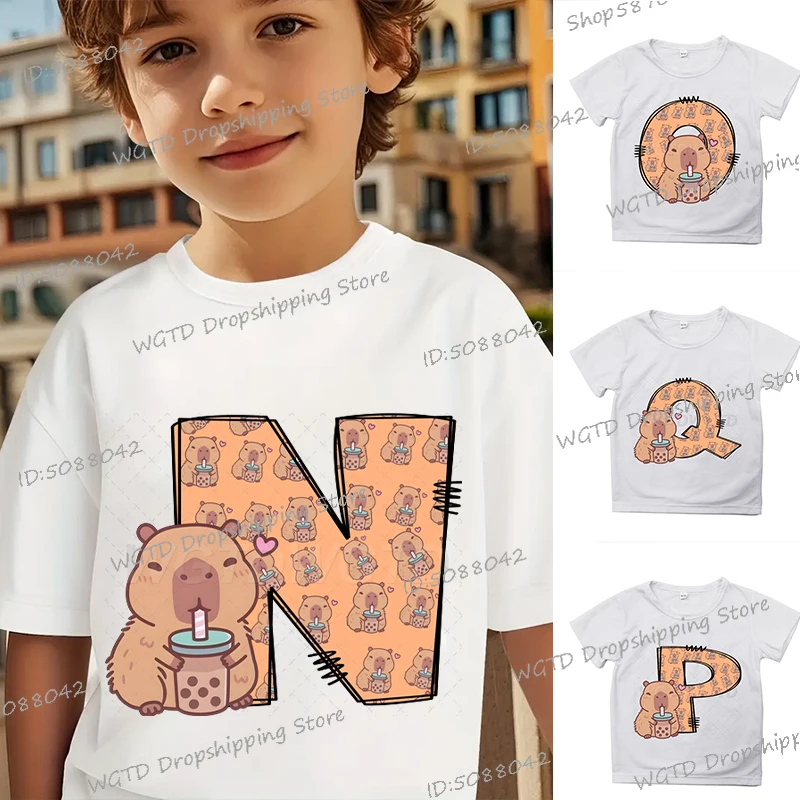 

Kids T-shirts Funny Capybara Letter A-Z Print T Shirt Boys Girls Capybara Bobo Tea Short Sleeve Y2K Tops Cartoon Alphabet Tshirt