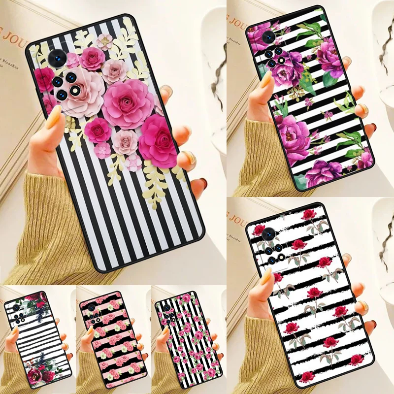 

Black white stripes with flowers Case For Samsung Galaxy S24 Plus S23 S20 S21FE Lite S22 Ultra Note 20 S8 S9 S10 Phone Coque