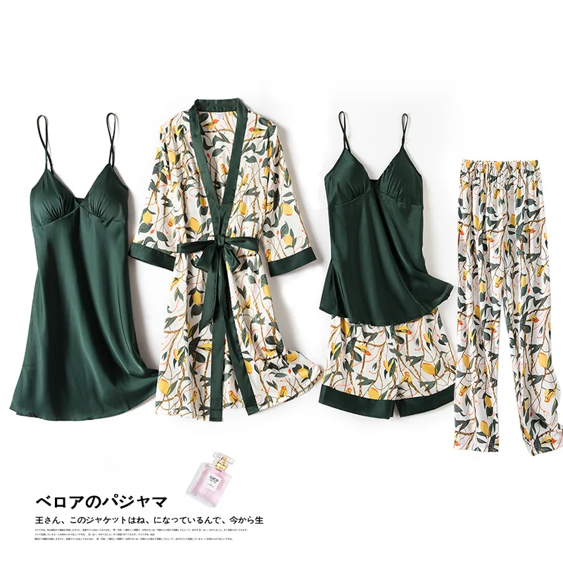 

Print Flower Women 5PCS Pajamas Set Sleepwear Silky Satin Nightgown Kimono Gown Casual Pyjamas Home Clothes Soft Bathrobe