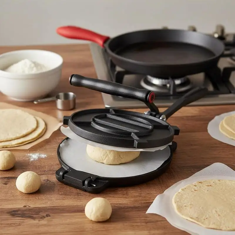 Presse à tortillas manuelle en fonte grise 25 cm, modèle ergonomique avec poignée et feuilles de papier sulfurisé, idéale pour, expédié depuis un entrepôt local