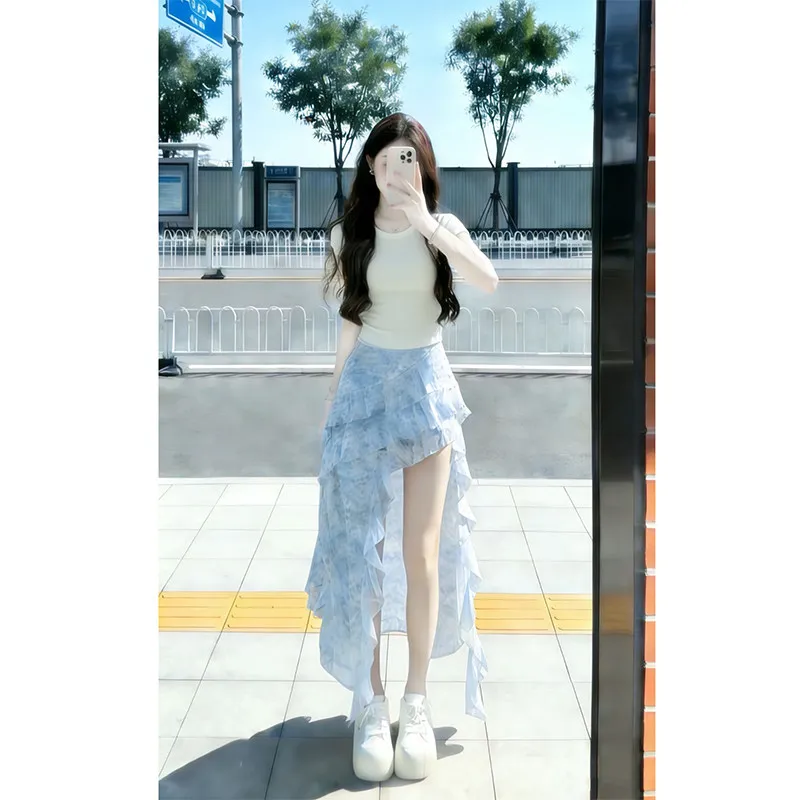 

Women's Spring Summer Knitted ort Sve Design Polka Dot ter Ne Two-Piece Set High Waist Skirt Casual Faion Ensemble