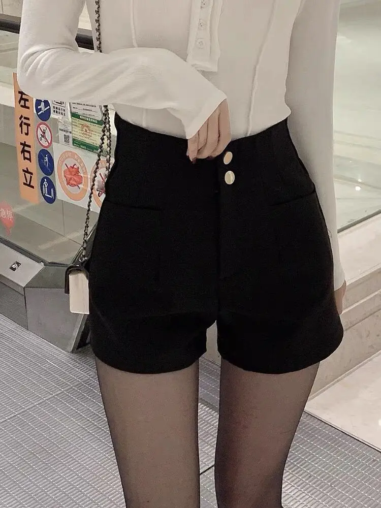 

Women Split Shorts Casual Elastic High Waist Pocket A-line Straight Shorts Loose All-match Solid Wide Leg Trousers LX575