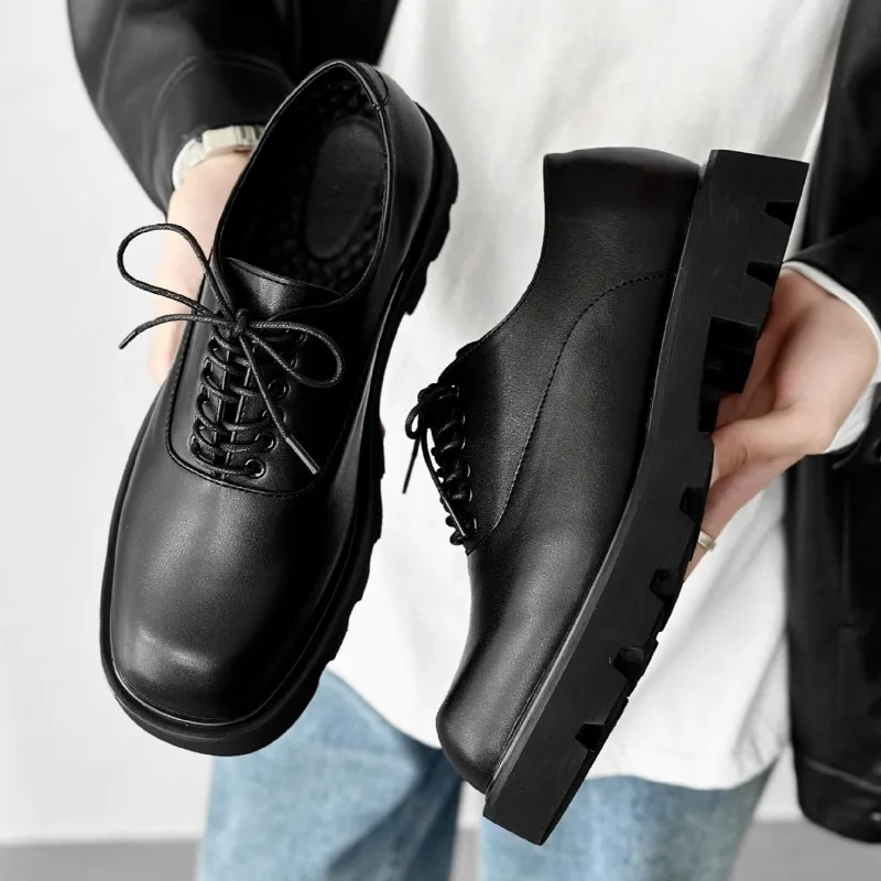 Square Headed Leather Shoes for Men with High-end Feel,thick Soled Korean Version,niche Design,men Height Increasing Derby Shoes