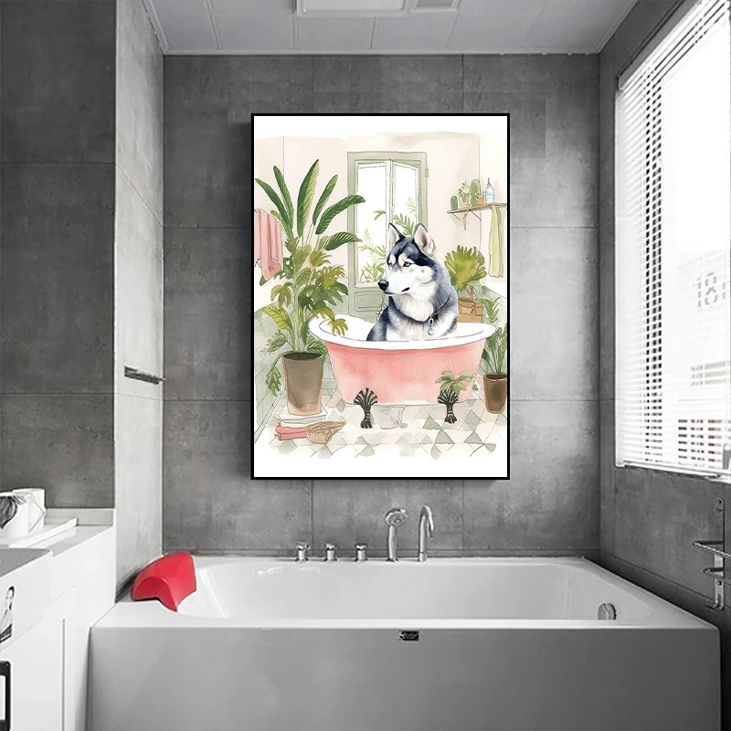 Modern Abstract Dog At Bathroom Portrait Poster French Bulldog Koki Bathing in The Bathtub Wall Canvas Painting Home Art Decor