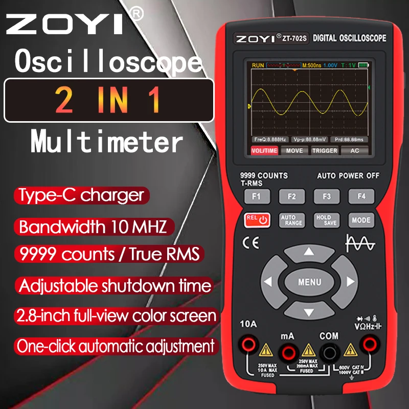 ZOYI ZT-702S Multímetro de osciloscopio automotriz digital portátil 2 en 1, ancho de banda de 10MHZ de un solo canal, longitud de registro de 64Kbyte, 48