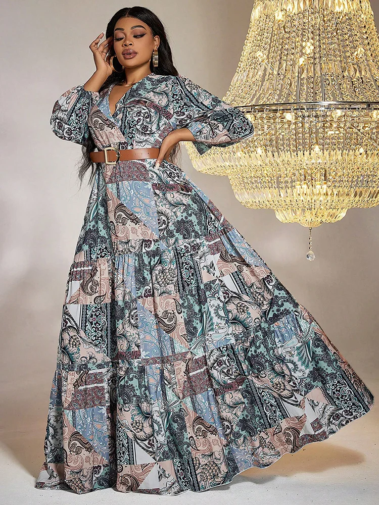 TOLEEN- Plus Size Patchwork Print Dress for Women, Lantern Sleeve, Ruffle Hem, Bohemian Fashion, Elegant Long Dresses with Belt