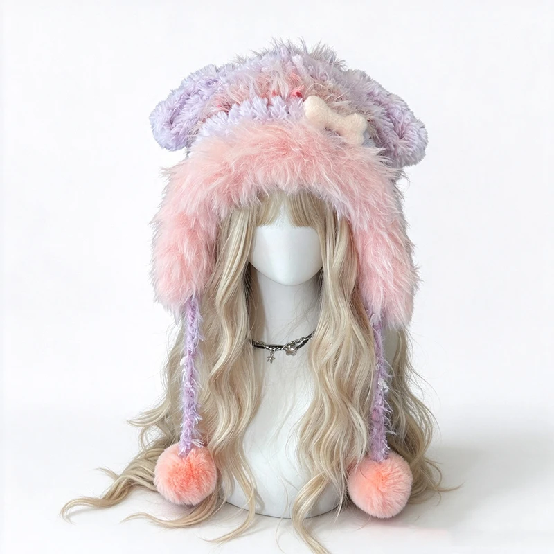 Handmade Pastel Pink Puppy Ear Hat Girls Custom Crochet Kawaii Bow Pom Charm Beanie Women Winter Warm Lolita Fairy Sweet Caps