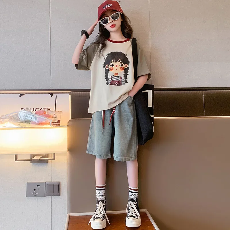 

2024 Korean Summer School Girl Tracksuit Teenager Girl Contrast Cartoon Printed T-shirt+Denim Shorts Students Clothes Set