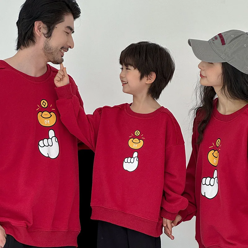 2025 Family Matching Red Round Neck Sweatshirts Cartoon Print Parent-child Set New Year Outfits Mom & Daughter Casual Warm Tops