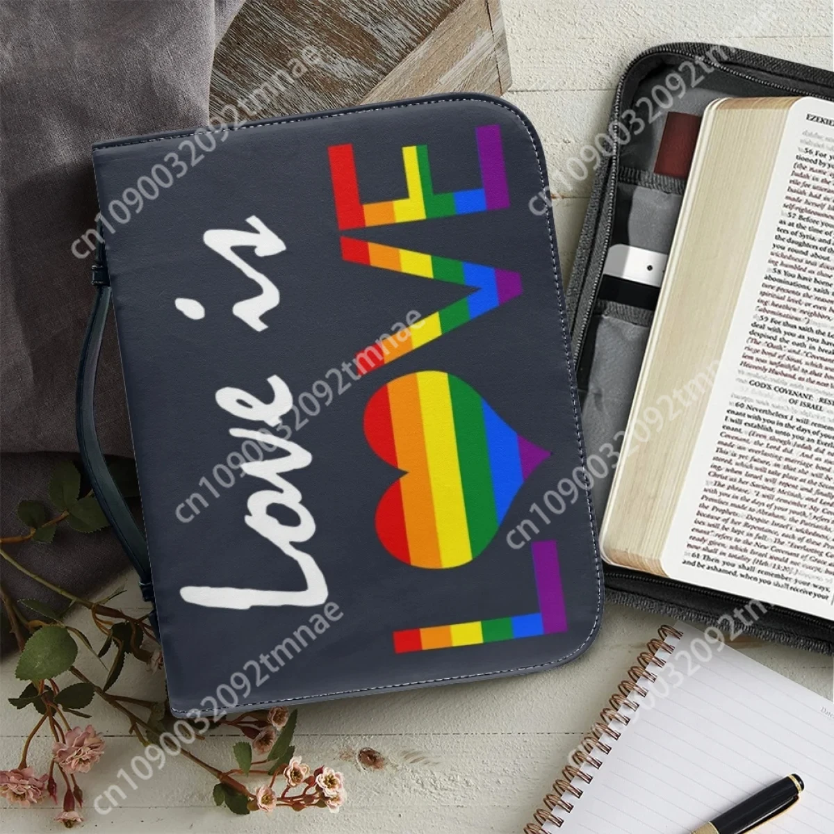 

Love Is Love Custom Tote Bag Women Leather Universal Bible Protective Stand Cover Convenient Storage Bible Bags for Ladies