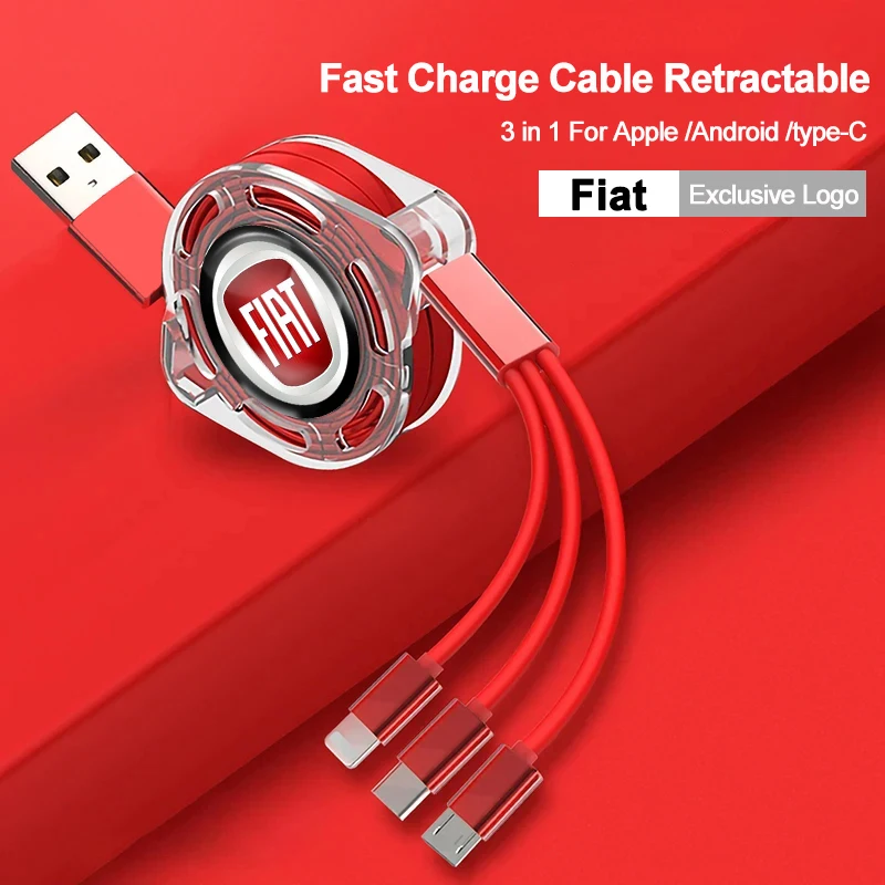Fiat Car Logo Fast Charging Cable 3 in 1 UsB Cable Type C Micro USB For Stilo Ducato Panda 500 Pondo Abarth Punto Palio Viaggio