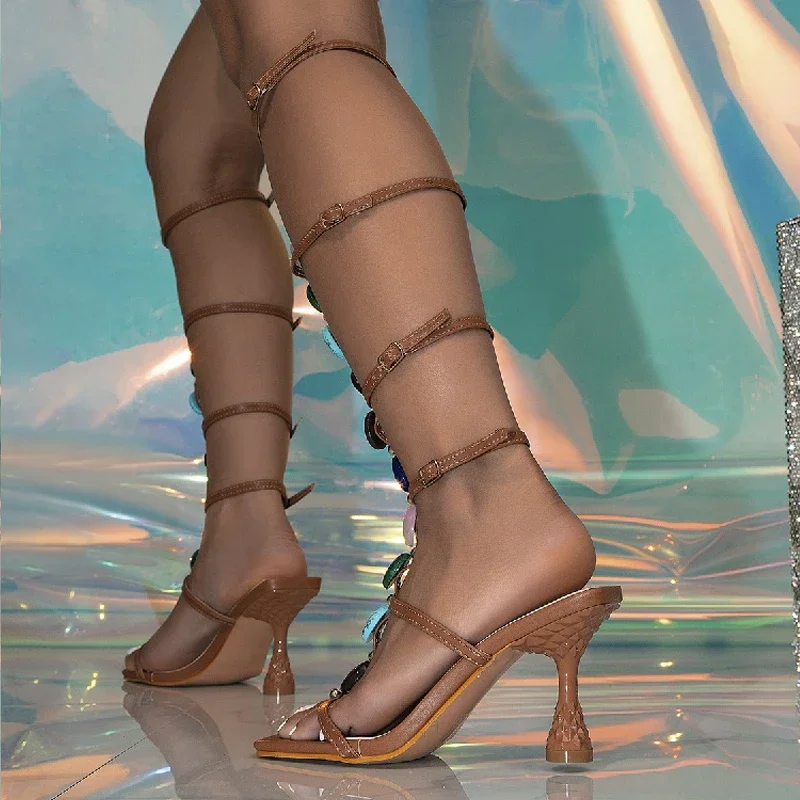 Eilyken Street Style Hollow Out Narrow Band Ankle buckle Strap Women Sandals Fashion Square Toe High Heels Gladiator Shoes