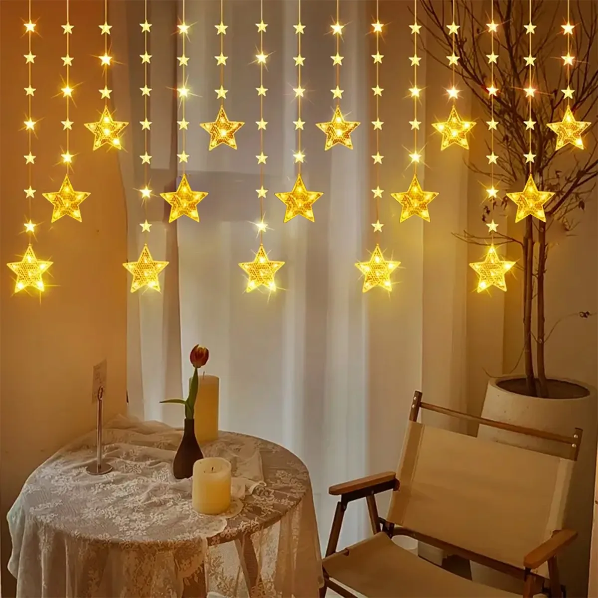 1pc 120 LED Solar Powered Curtain String Lights Waterproof Star Fairy Lights 8 Lighting Modes For Window Garden Ramadan Decor