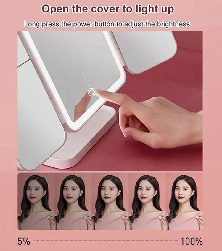 Foldable Makeup Mirror with LED Light 3 Tone Lights Desktop Vanity Mirror 2X/3X Magnifying 360° Adjustable Rechargeable