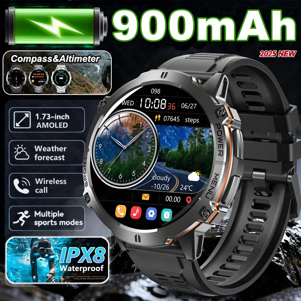 

DAORKOW2025 Outdoor GPS sports smartwatch for men, 900MAH large battery, Compass, IPX8 waterproof, Bluetooth call smartwatch