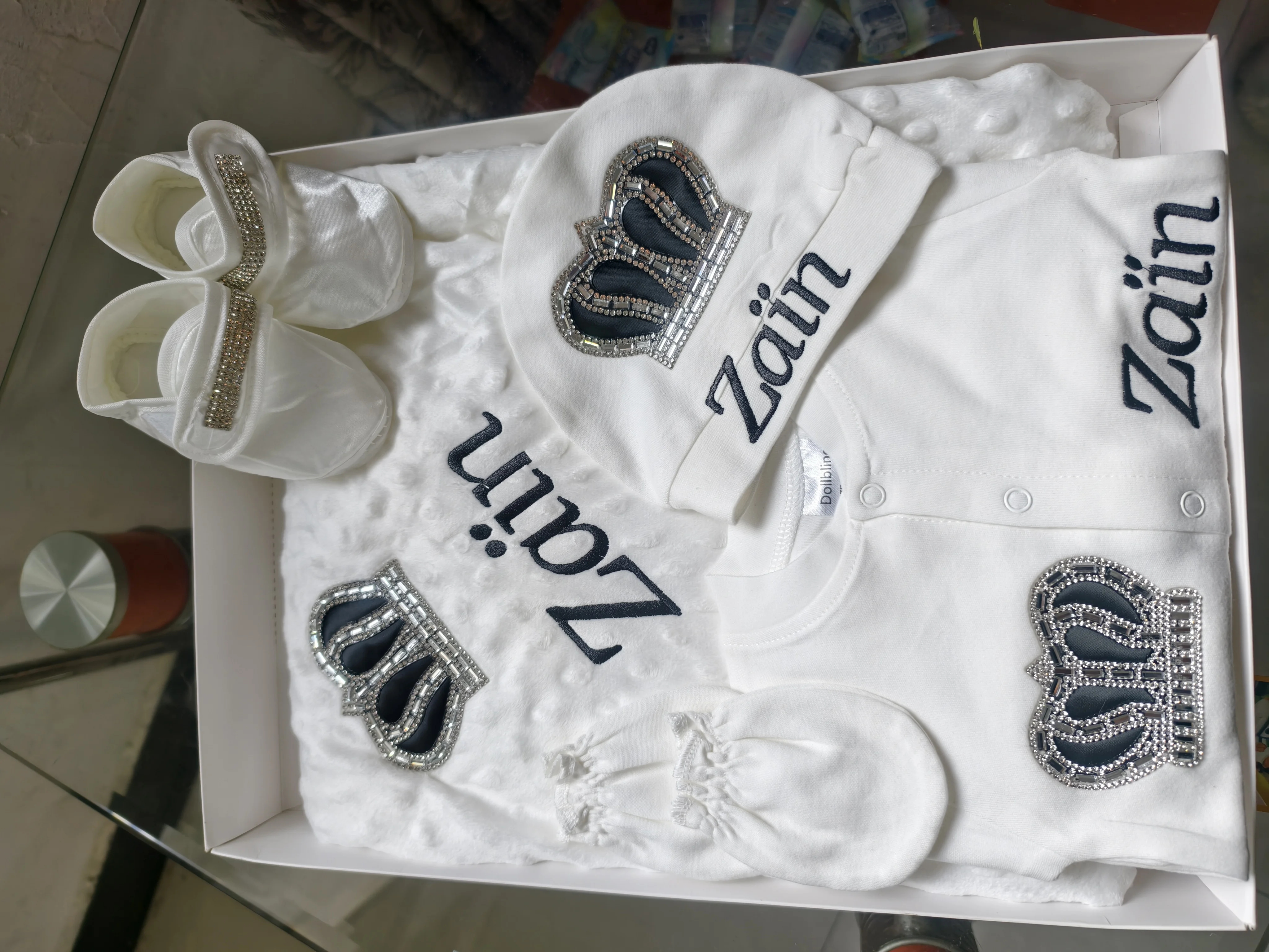Personalized Newborn Footed Romper 5Pcs Set Soft White Cotton Jumpsuit Luxury Diamond Crown Coming Home Outfit Baby Shower Gift