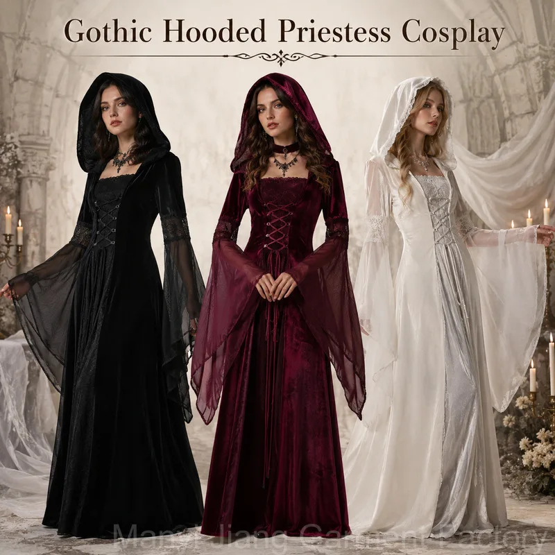 Women Deluxe Witch Dress Medieval Renaissance Maxi Train Dress Halloween Devil Pagan Witch Wedding Cos Costume Hooded Gown Robe