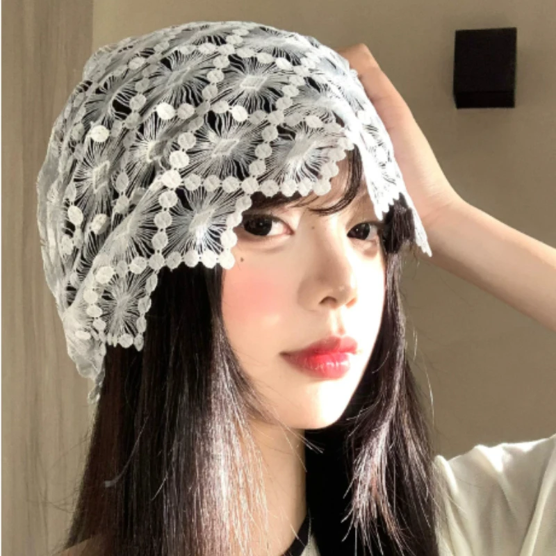 2026 New White Lace Hollow Pullover Hat for Women Summer Street Fashion Thin Breathable Irregular Drawstring Beanie Cap