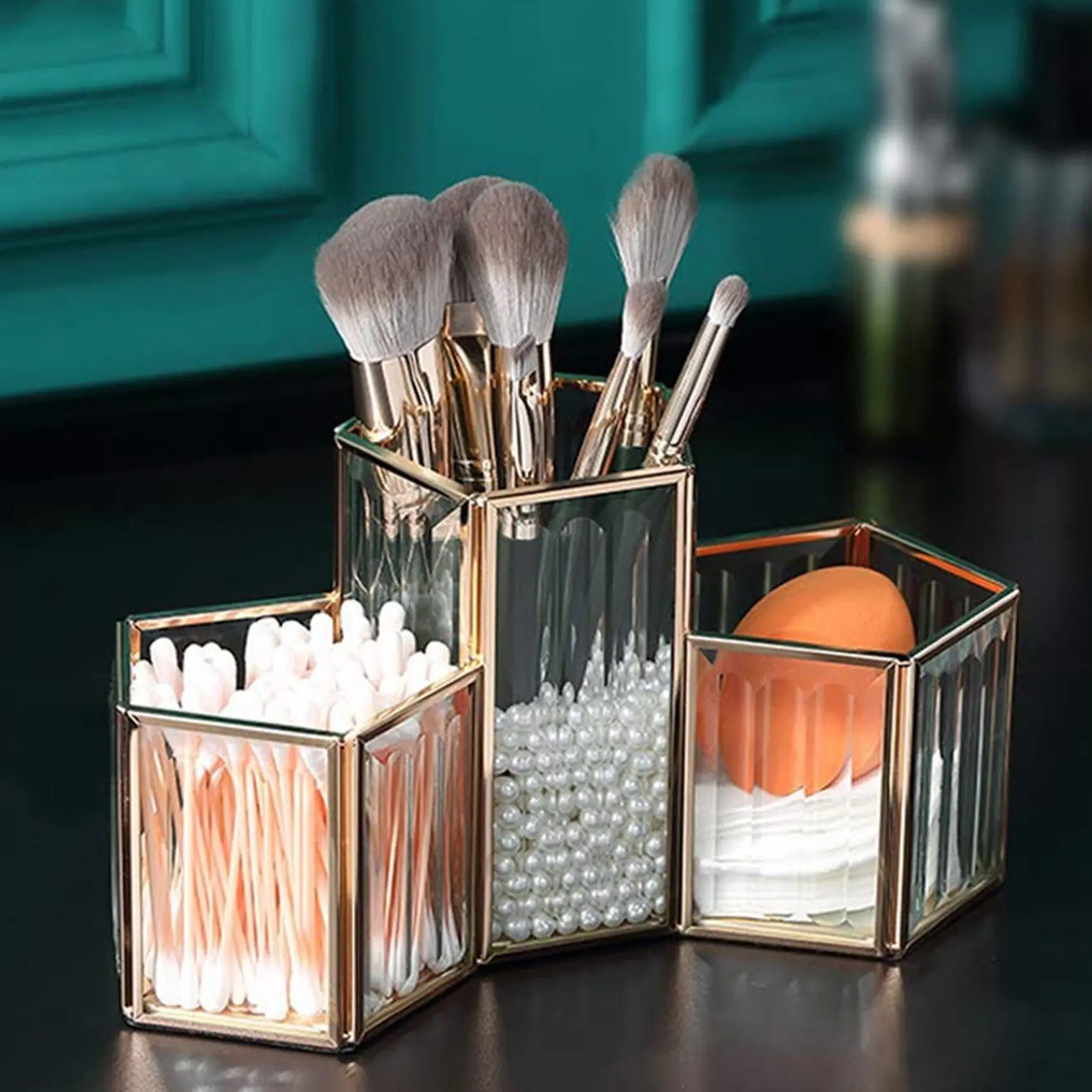 

ABHI-Clear Glass Brass Makeup Brush Holder Vintage Jewelry Organizer Metal Handmade Art Crafts Makeup Organizer