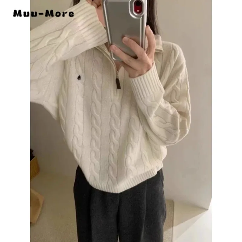 Brand Y2k Vintage Streetwear Knitted Pullovers Women Korean Style Casual Losse Zipper Solid Embroidery Sweater Autumn 2024