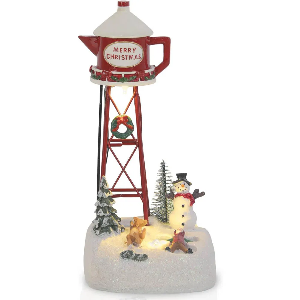 Christmas Village Decorations Watertower Figurine Lighted Accessories Ornaments with Snowman Dog and Boy Playing on The Ground