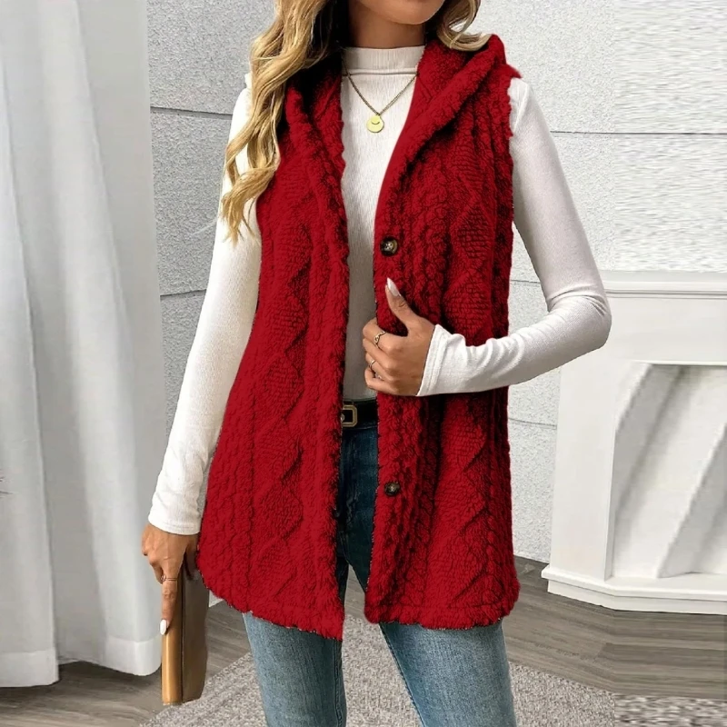 573B Autumn Winter Women's Hooded Fleece Vest Comfortable Sleeveless Lightweight
