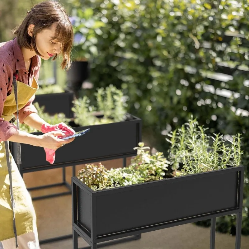 Elevated Planter Box - 28 Inch Durable Raised Garden Bed for Herbs and Flowers - Stylish Tall Rectangular Planter