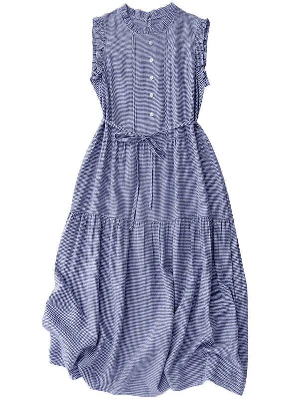 Retro japanische blaue karierte Weste Dr. Damen Sommer Design Sensation Taille Cinching Schlankheitsgurt lang Dr