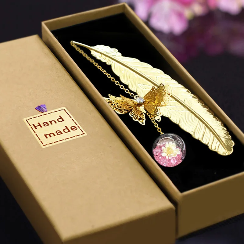 

1pc Chinese Style Metal Feather Bookmark Creative Immortal Dried Flower Butterfly Leaf Student Bookmark Teacher's Day Gift