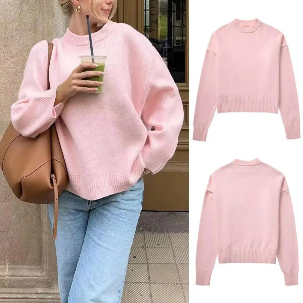 Suéter de manga larga con cuello redondo para mujer, Jersey de punto de Color sólido, grueso y cálido, ropa de calle, Invierno