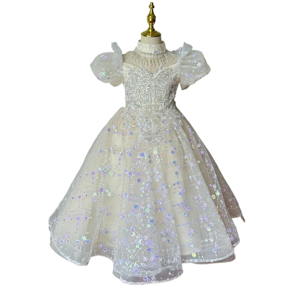 2024 Boutique Bubble Sleeves Children Princess Dress Girls Sequin Fashion Dresses Luxury Ball Gown for Kids Girl Wedding Costume