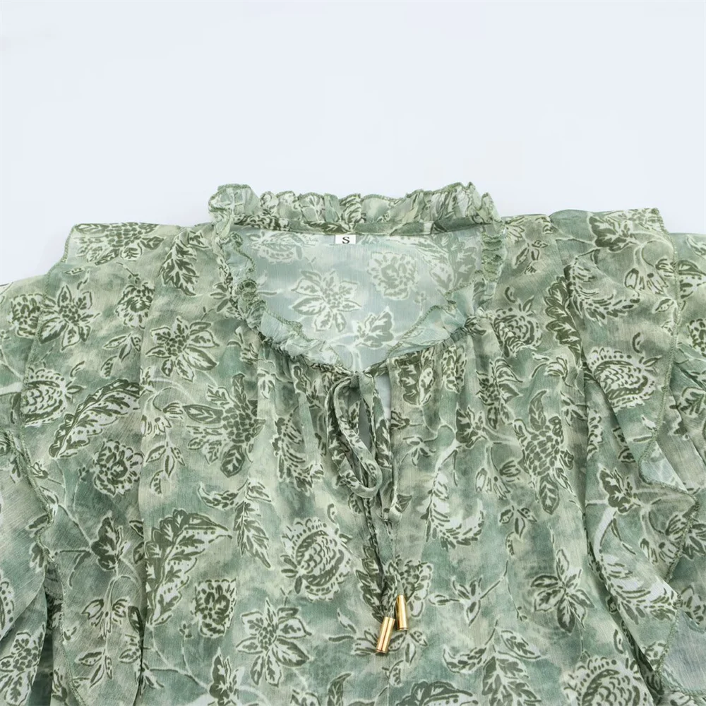 قميص نسائي مطبوع بطبقات مزخرفة مع زخرفة بأربطة لملابس نسائية جديدة للربيع والصيف