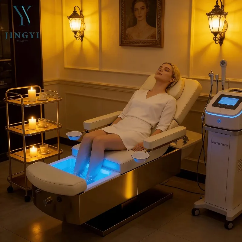Modern Luxury Gold Base Electric Light Surfing Pedicure Shampoo Bed White Water Therapy Hair Washing Salon Bed