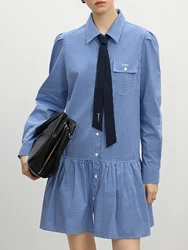 FSLE College Style Bow Tie Plaid Lapel Shirt Dress For Women Spring 2025 New Design Casual Streetwear Female Outfit 25FS11237