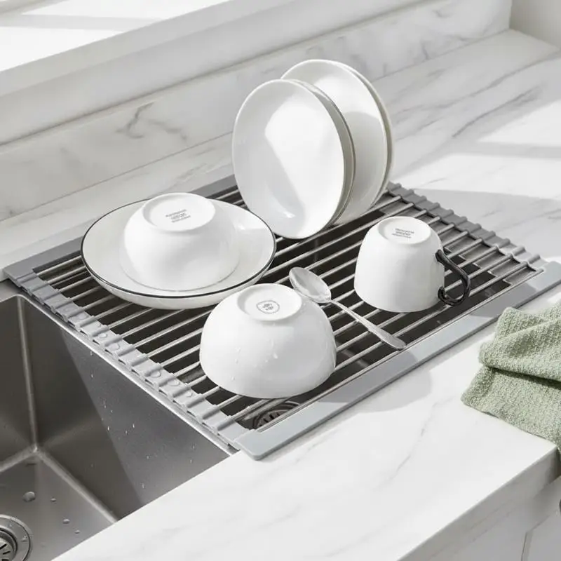 Foldable Dish Drying Rack Silicone Coated Roll Up Kitchen Sink Plate Storage Shelf for Tableware Food Draining
