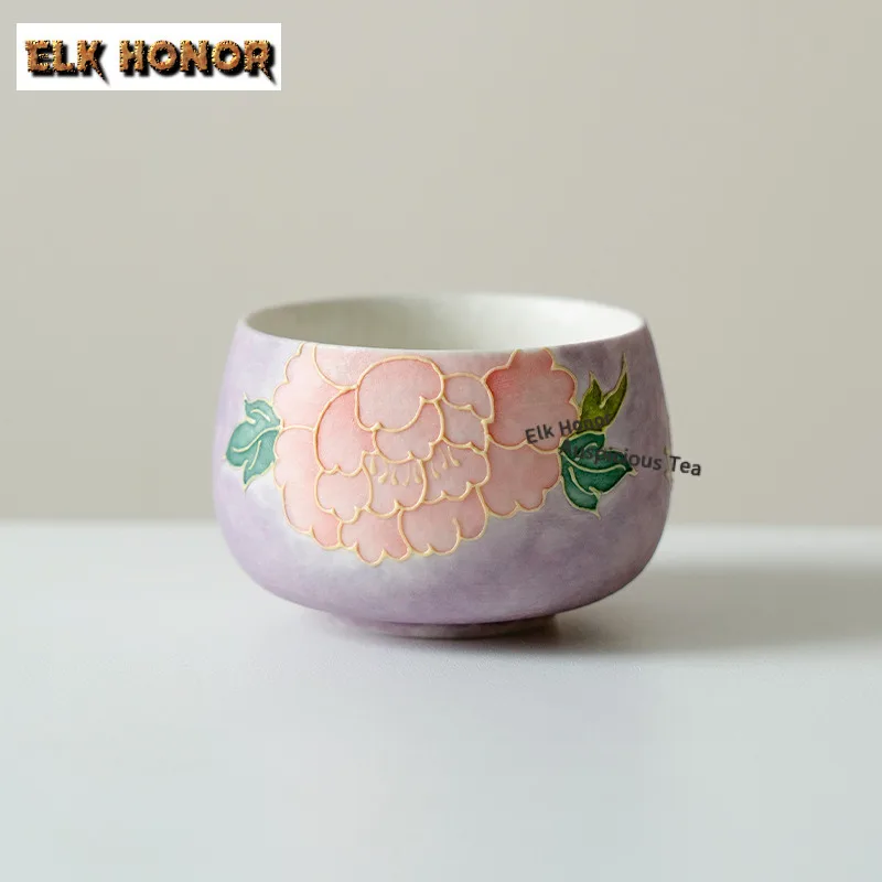 

150ml Hand-panting Purple Smoke Peony Teacup Elegant Tea Bowl Water Jug Tea-tasting Fragrance Cup Chazhan Master Cups Teaware