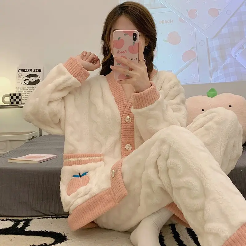 

Women's Autumn Winter Warm Flannel Women Pyjamas Sets Thick Coral Velvet Long Sleeve Kawaii sweet Strawberry Warm Soft Sleepwear