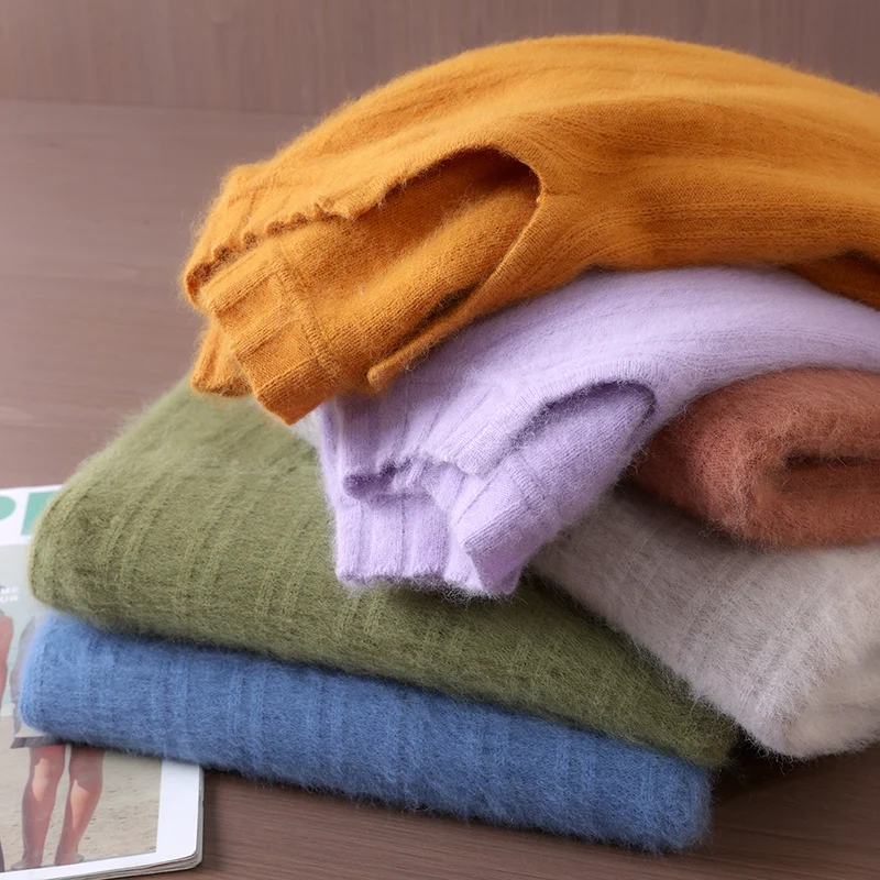 خريف/شتاء جديد المنك سترة الكشمير المعنقة الإناث الخامس الرقبة مع الصوف الصلب محبوك قاع قميص فضفاض