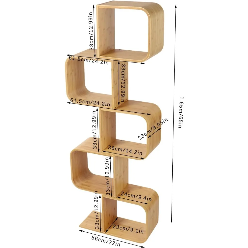 Duży, nowoczesny regał bambusowy - 5-poziomowy regał w kształcie litery S do przestronnego, dekoracyjnego przechowywania