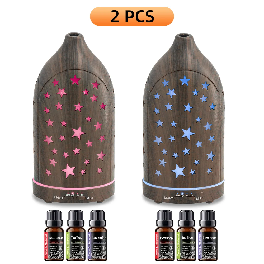 

2 шт. звездный полый диффузор, 7 светодиодных фонарей, меняющих цвет, ультра-тихий диффузор для ароматерапии с бесшумным туманом для эфирных масел,