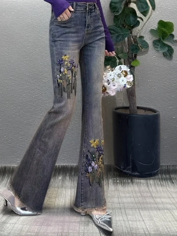 

Spring Fashion High Waist Bell Bottom Jeans Women's Slim Fit Embroidered Flower Rhinestone Denim Pants Casual Style