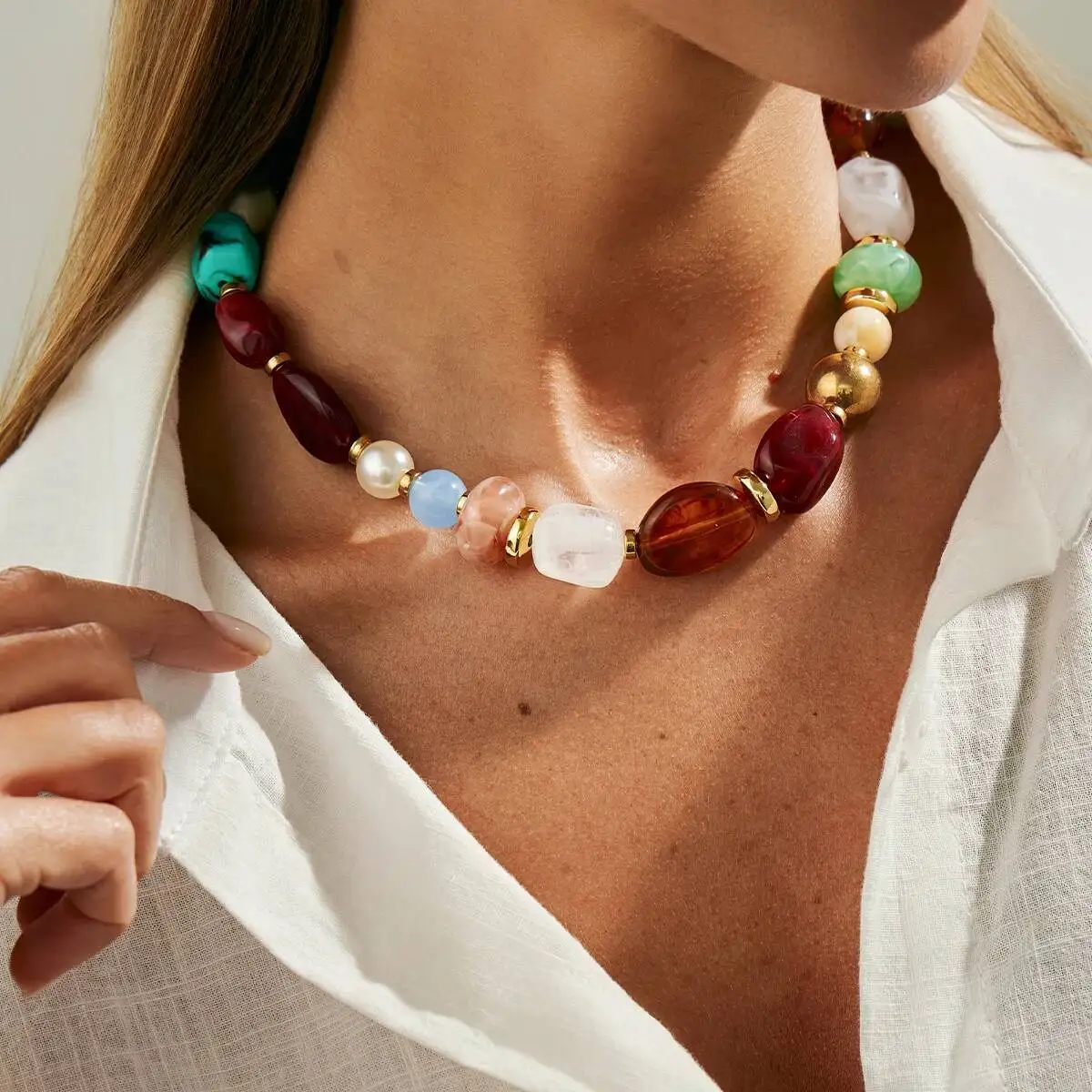 Böhmische Damen-Halskette mit farbigen Harzperlen, Vintage-Stil, verstellbar, kurzer Acryl-Schmuck für den Hals – Detail 8