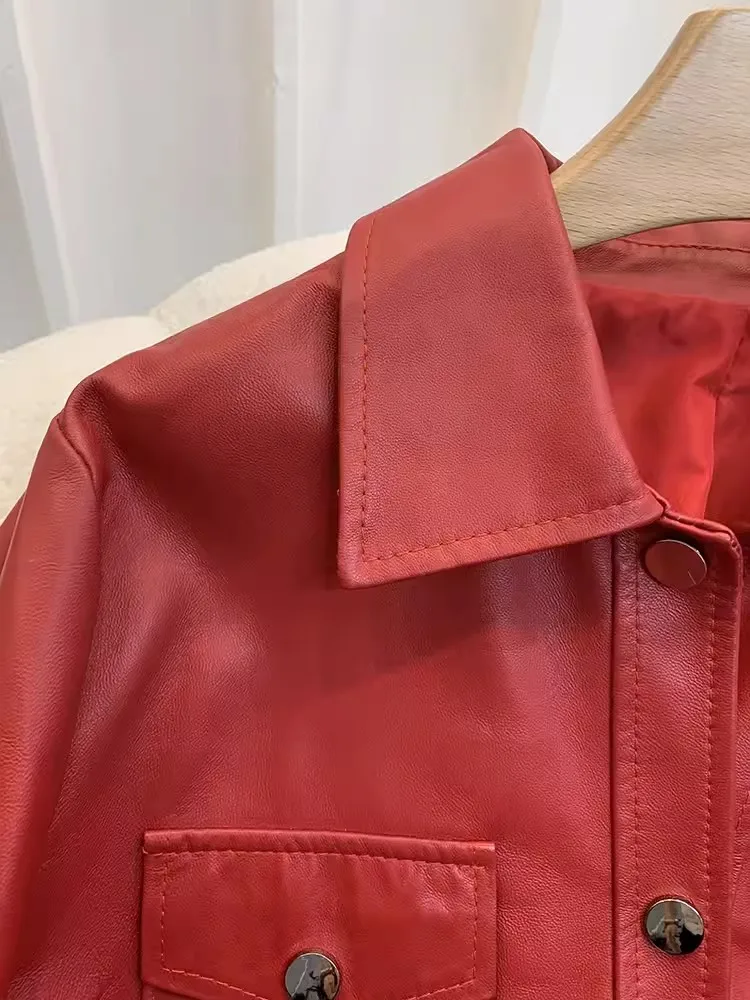 Chaqueta de cuero genuino para mujer, abrigo informal de piel de oveja, manga larga, cuello vuelto, medio largo, botonadura única, Moda de Primavera, nuevo