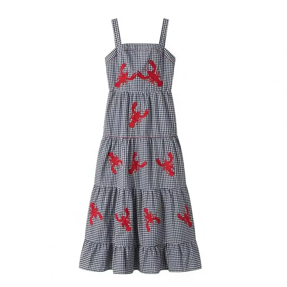 

Loose Cut Midi Dress Women Embroidered Dress Embroidered Lobster Plaid Midi Dress for Summer Vacation A-line Style with Square