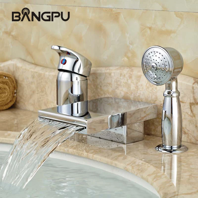 

Roman Tub Faucets Set with Handheld Shower Chrome Deck Mount Bathtub Faucet Set Three Hole Waterfall Tub Faucet with Hand Shower