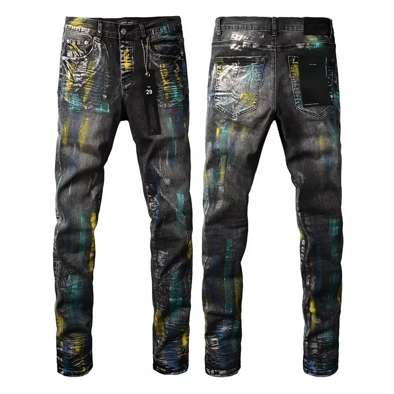 

Top quality Purples men jeans Fashion American Streetwear Black gray Repair Low Rise Skinny Denim brand Tie dye paint pants