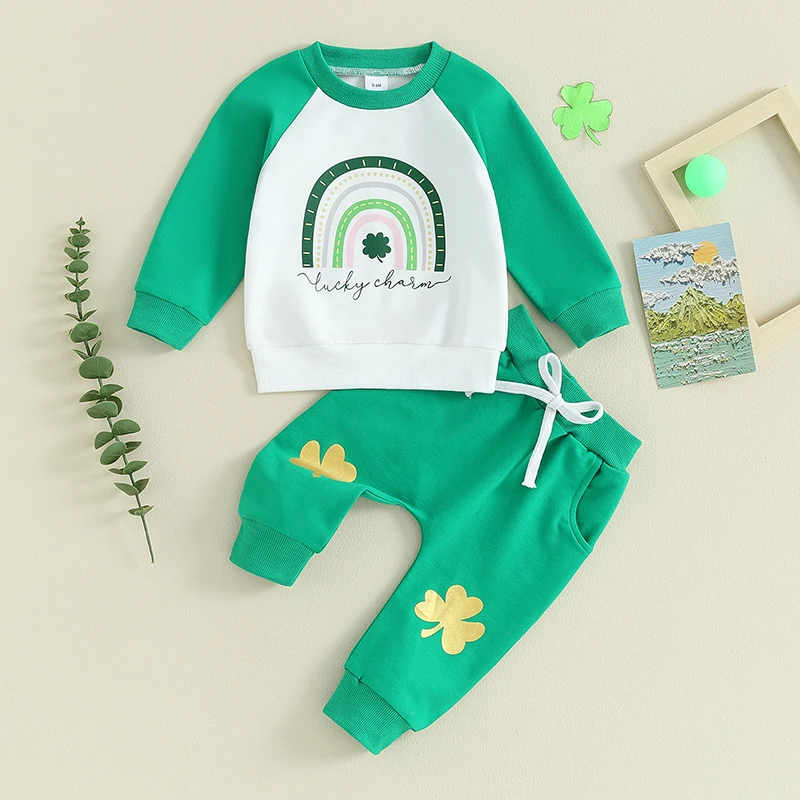 

2023-11-03 Lioraitiin Toddler Girls Boys St Patrick's Day Outfits Long Sleeve Rainbow Clover Sweatshirt with Green Pants Set