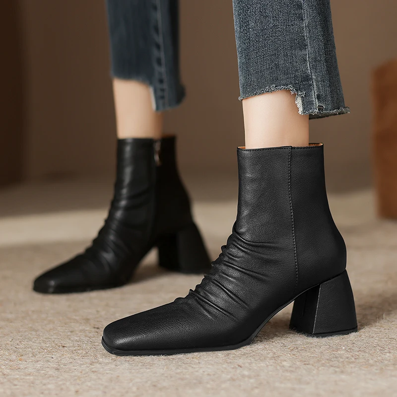 2024 Winter Women Thick High Heeled Sheepskin Ankle Boots Side Zipper Warm Office Pumps New Basic Square Toe Short Boots Shoes