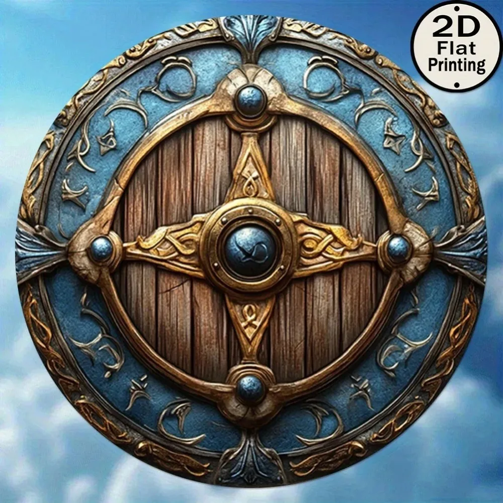 Viking Brown-Yellow Round Shield with Blue Rim - Vintage Wall Art Decor for Home Café Club Interior Decoration