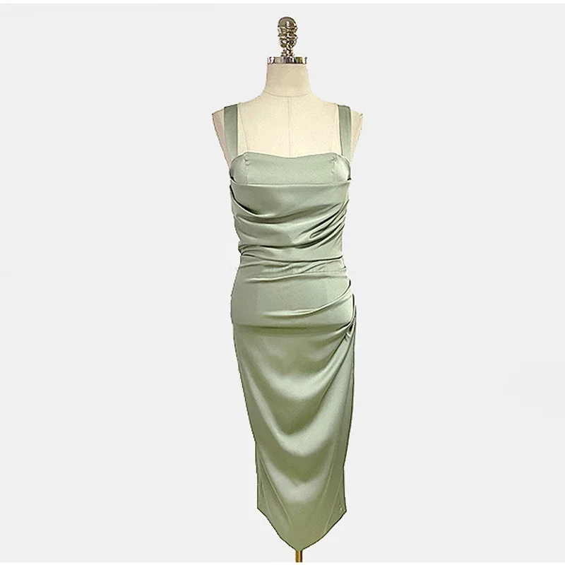 Abiti Midi in raso verde per le donne 2024 estate bretelle con colletto quadrato francese pieghe coreano elegante moda sottile vestiti femminili